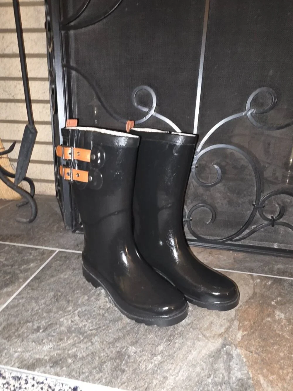 Chooka Rain Boots Mid-Calf Black Double Brown Straps Women's Size 5 Wellies ☔